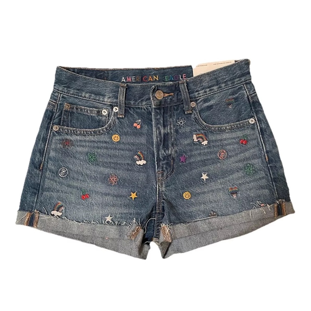 American Eagle Womens 00 24 Medium Wash Embroidered 90s Boyfriend Shorts NWT